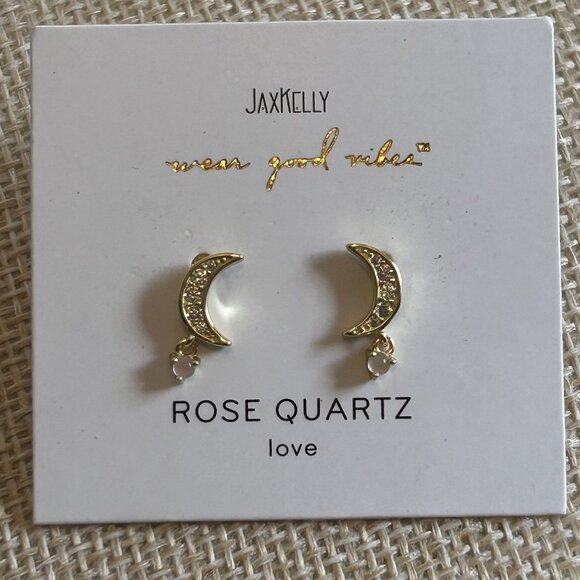 NEW Jax Kelly Rose Quartz Gold Crescent Moon Gemstone Drop Earrings Love CZ - Picture 7 of 8